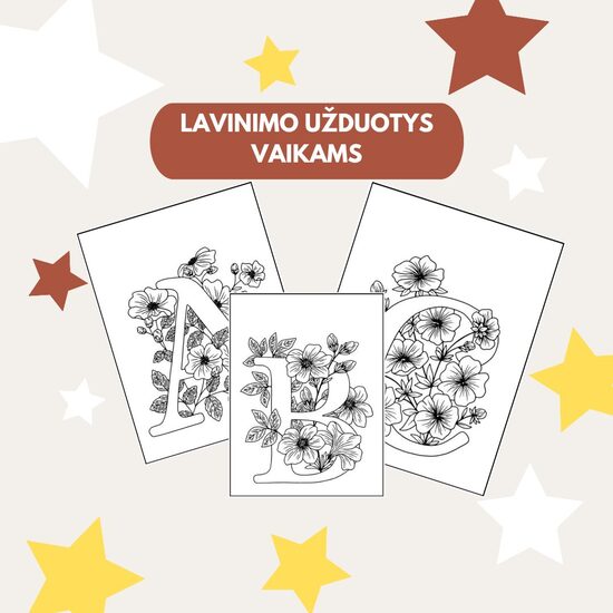 Spalvinimo Abėcėlė Vaikams – Lavinamosios Raidžių Kortelės su Gėlėmis (PDF)